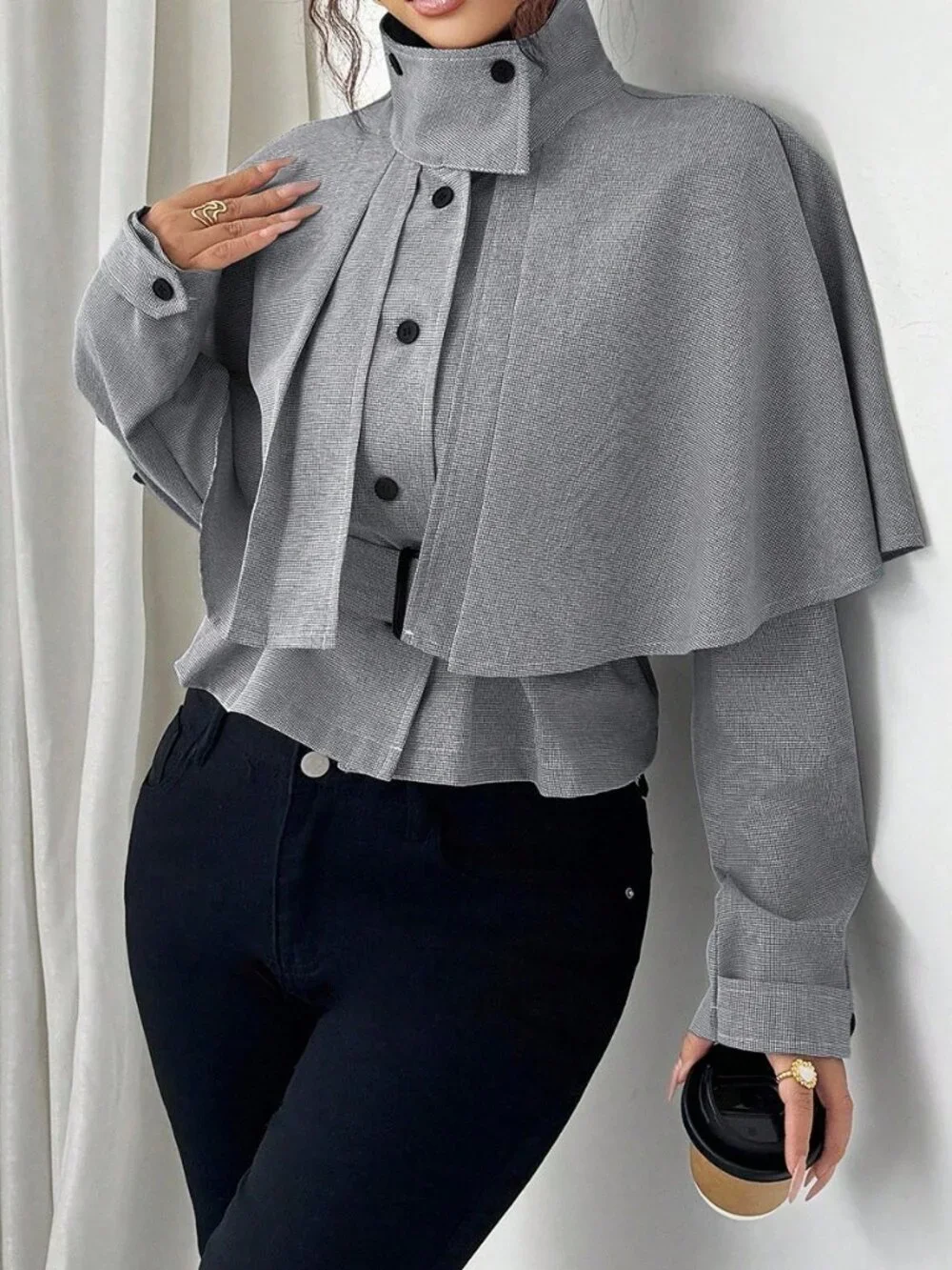 Black And White Casual Women's Houndstooth Cropped Waist Cape